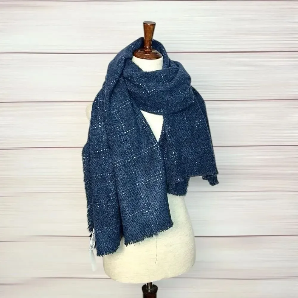 NWT Talbots Blue Wrap Scarf Metallic Windowpane Large Chunky New